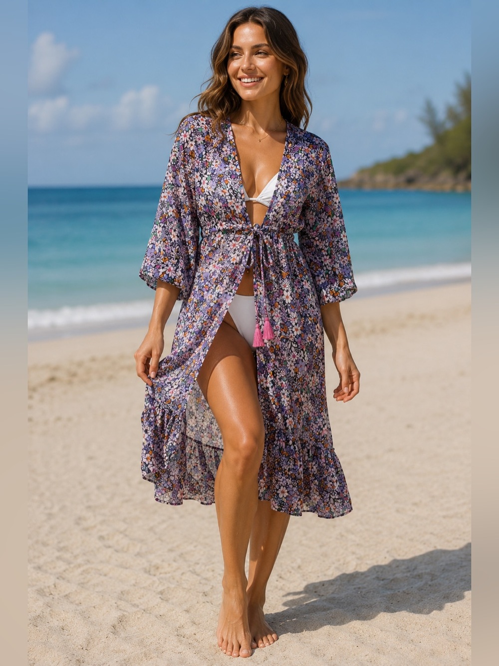 Floral Purple Boho Tassel Tie Pool or Beach Coverup NWT
